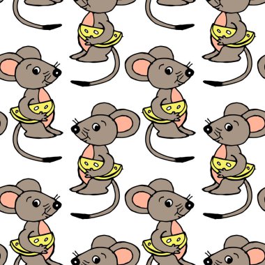 Kusursuz desen, sarı arka planda el çizimi komik gri-pembe fareler, çocuklar için baskı, tekstil, duvar kağıdı