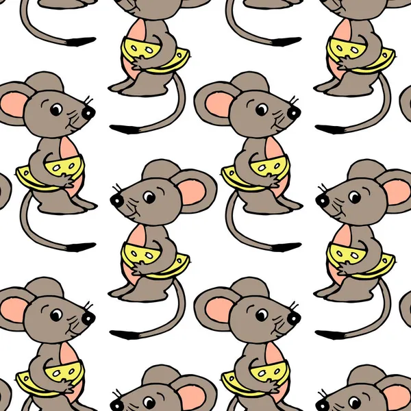 Kusursuz desen, sarı arka planda el çizimi komik gri-pembe fareler, çocuklar için baskı, tekstil, duvar kağıdı