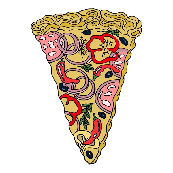 Illust Ręcznie Rysowany Kawałek Pizzy Szynką Oliwki Zioła Cebula Papryka — Wektor stockowy