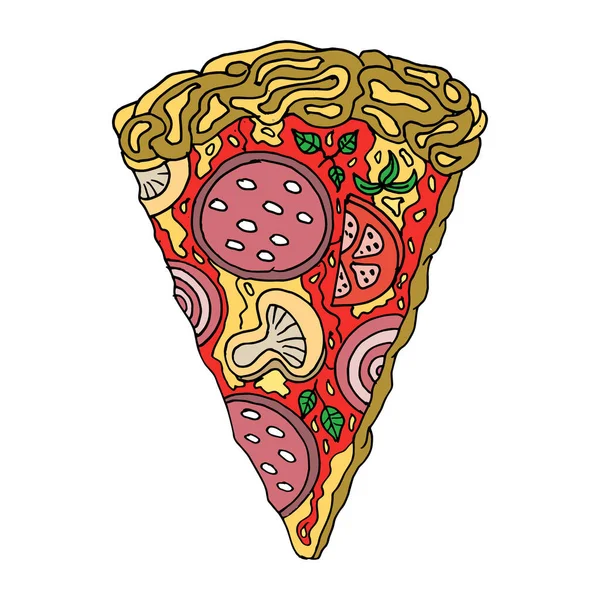 Иллюстрация Нарезанный Вручную Ломтик Пиццы Ветчиной Грибами Травами Луком Дизайн — стоковый вектор