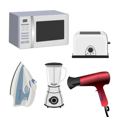 Vektör illüstrasyonu, ev aletleri seti, mikrodalga fırın, tost makinesi, demir, saç kurutma makinesi, blender, grafik tasarım