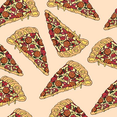 El yapımı illüstrasyon, jambonlu, mantarlı ve soğanlı pizza dilimlerinin kusursuz deseni, tekstil, restoran ve kafe için.