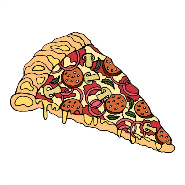 Ilustracja Narysowana Ręcznie Kawałek Pizzy Szynką Pomidorami Oliwkami Tekstylia Restauracji — Wektor stockowy