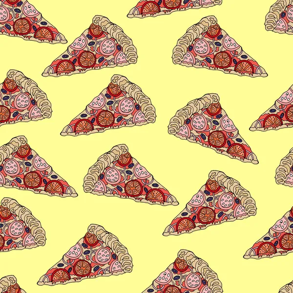 Ilustracja Narysowana Ręcznie Bezszwowy Wzór Plasterków Pizzy Szynką Grzybami Cebulą — Wektor stockowy