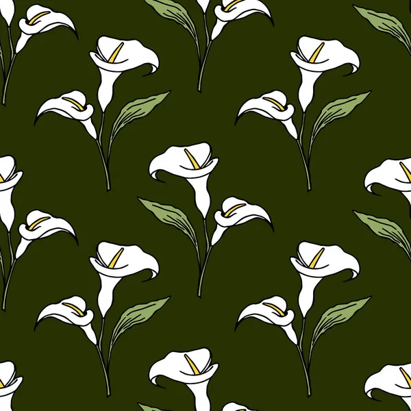 Бесшовный Узор Нарисованные Вручную Нежные Цветы Калла Зеленом Фоне Открытка — стоковый вектор