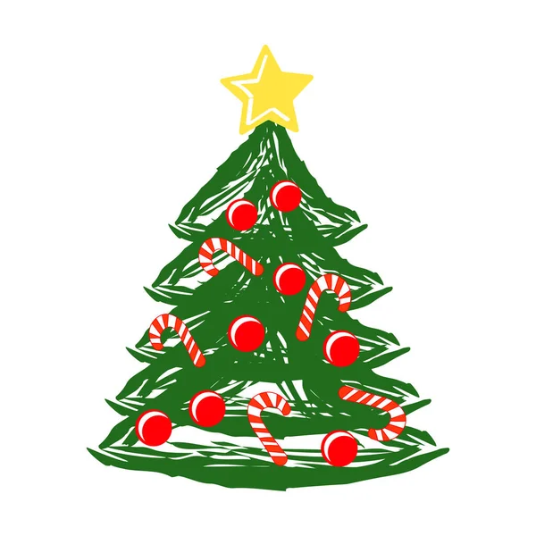 Ilustração Natal Desenhado Abeto Engraçado Brilhante Árvore Decorada Com Bolas — Vetor de Stock