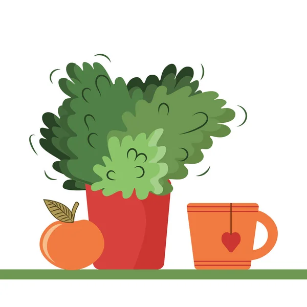 Ilustracja Tematu Przerwy Herbatę Filiżanka Herbatą Wazon Roślinami Owocami Projekt — Wektor stockowy
