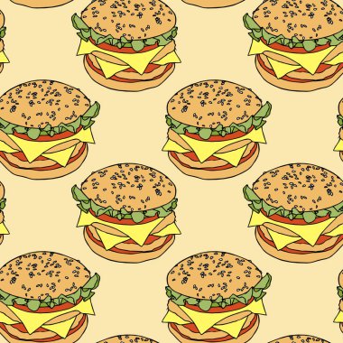 Resimler, kusursuz desenler, pastel gölgelerde elle çizilmiş hamburgerler, kafeler ve restoranlar için tekstil.