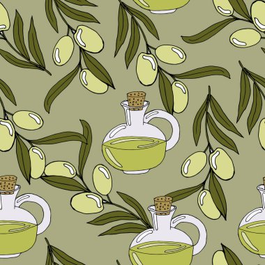 Çizim, kusursuz desen, zeytinli el yapımı dallar ve bir şişe zeytin yağı, tekstil, duvar kağıdı.