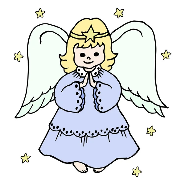 Christmas Illustration Hand Drawn Cute Praying Angel Girl Card Family — Stock Vector