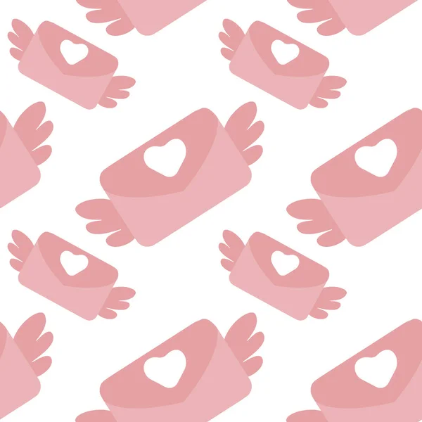 シームレスなパターン 白い背景に翼と心を持つピンクの封筒 バレンタインデーのための壁紙 結婚式の日 — ストックベクタ