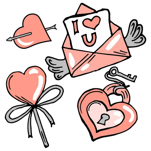 Conjunto Garabatos Para Día San Valentín Bloqueo Corazón Con Una — Vector de stock