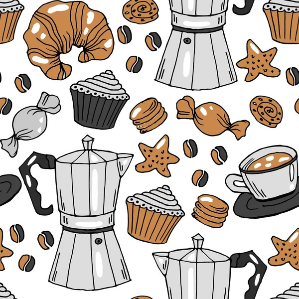 Naadloos Patroon Met Hand Getekend Koffiezetapparaat Koffiebonen Kopje Croissant Snoep — Stockvector