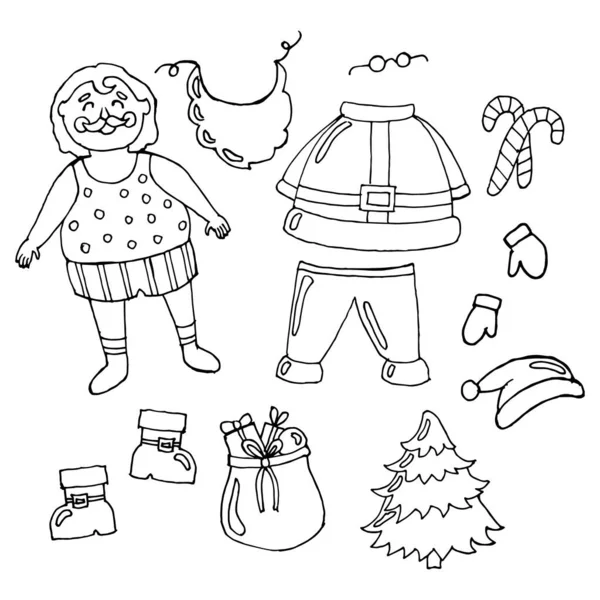 Set Navidad Bosquejo Dibujado Mano Divertido Santa Claus Desvestido Sus — Vector de stock