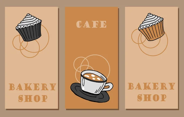 Σετ Αφισών Αρτοποιίας Και Cafe Cupcake Φλυτζάνι Καφέ Και Γράμματα — Διανυσματικό Αρχείο