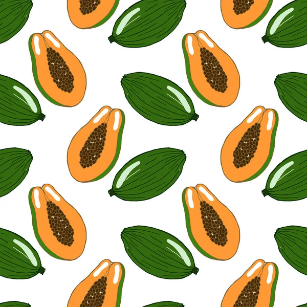 Modello Senza Cuciture Con Frutti Tropicali Papaia Disegnata Sfondo Bianco — Vettoriale Stock