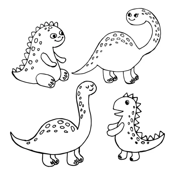 Set Contour Drawn Cute Dinosaurs Dinosaur Family Children Coloring — Stock Vector