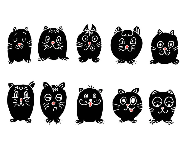 Sada Ručně Kreslených Roztomilých Černých Koček Různými Emocemi Bílým Obrysem — Stockový vektor