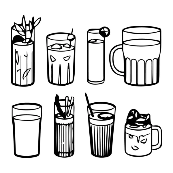 Illustrazione Line Art Set Bicchieri Con Cocktail Alcool Icone Design — Vettoriale Stock