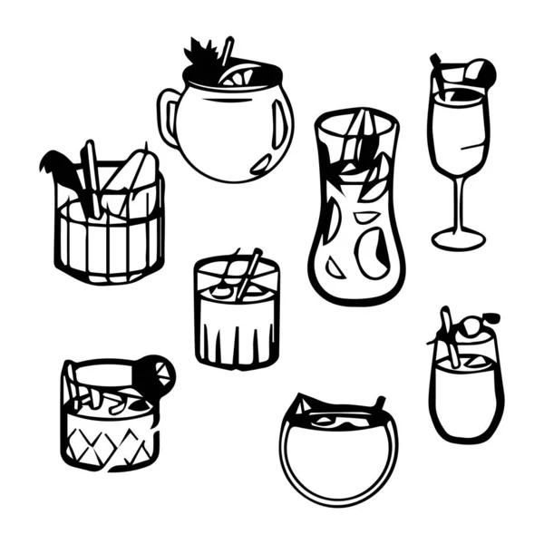 Illustration Line Art Set Glasses Cocktails Alcohol Icons Design — Stock Vector