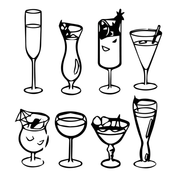 Illust Lijn Kunst Set Van Glazen Met Cocktails Alcohol Iconen — Stockvector