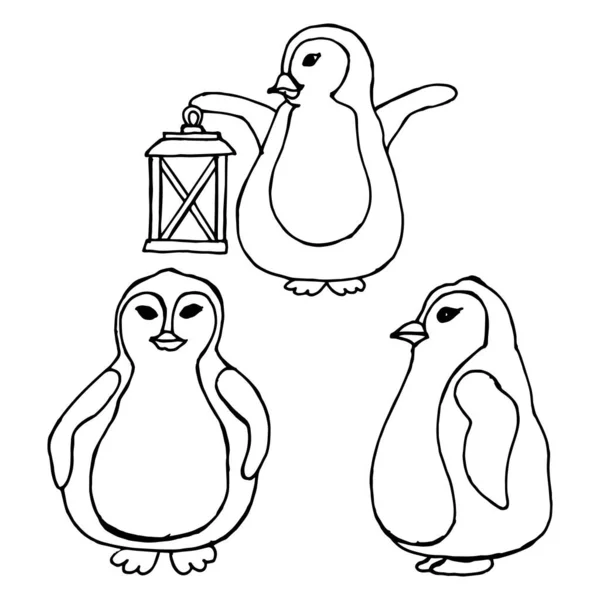 Illust Familia Dibujada Mano Pingüinos Lindos Bebé Pingüino Mamá Papá — Archivo Imágenes Vectoriales