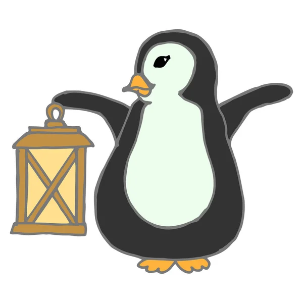 Ilustración Pingüino Bebé Dibujado Mano Con Linterna Textil Papel Pintado — Archivo Imágenes Vectoriales
