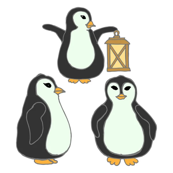 Εικόνα Ζωγραφισμένα Στο Χέρι Οικογένεια Χαριτωμένο Πιγκουίνους Μωρό Μαμά Πιγκουίνος — Διανυσματικό Αρχείο