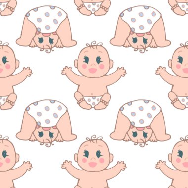 Kusursuz desenler, çeşitli pozlarda el yapımı şirin hassas bebekler, pastel gölgeler, tekstil, duvar kağıtları.