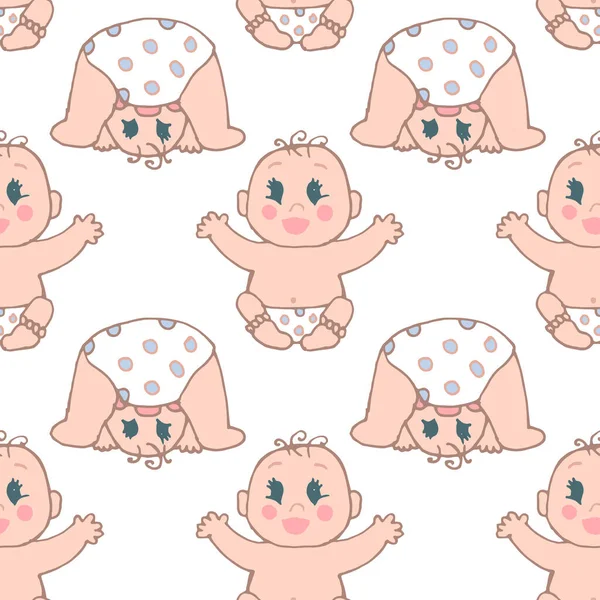 Seamless Pattern Cute Hand Drawn Tender Babies Various Poses Pastel — Stock Vector