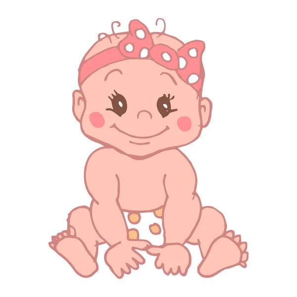 Illustration Niedliches Handgezeichnetes Zartes Baby Kleines Mädchen Mit Rosa Schleife — Stockvektor