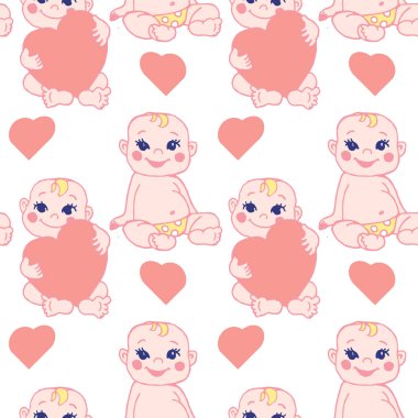 Kusursuz desen, farklı duygulara ve kalplere sahip el çizimi bebekler, bebek tekstil ürünleri için dekor, yeni doğanlar için kartpostallar.