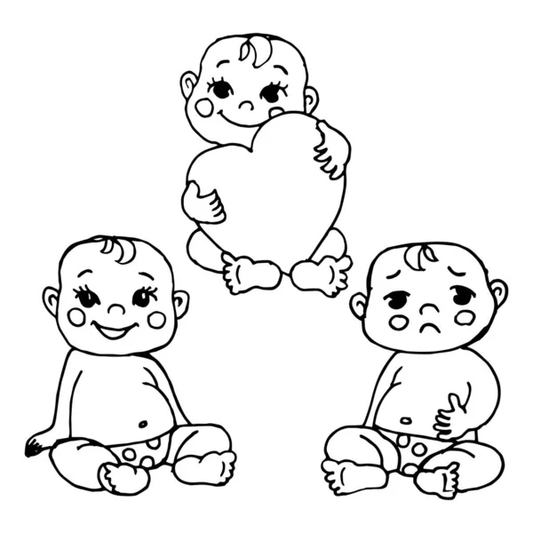 Ilustración Bebés Contorno Dibujado Mano Con Diferentes Emociones Para Colorear — Archivo Imágenes Vectoriales