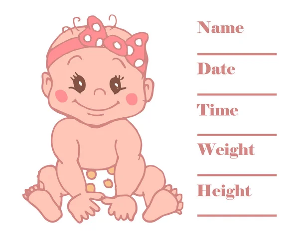 Illustration Handgezeichnetes Baby Mädchen Mit Schleife Schriftzug Über Baby Details — Stockvektor