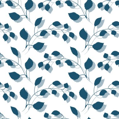 Kusursuz desen, gölgeli beyaz arka planda yaprakları olan çizilmiş dallardan izler. Tekstil ve duvar kağıtları için tasarım. Paketleme için dekor.