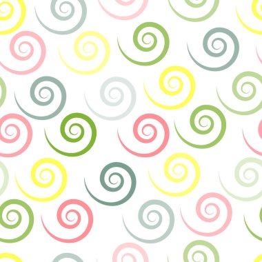 Soyut şekillerin sarmal biçimindeki kusursuz desenleri. Hassas pastel renkler. Tekstil, kağıt, duvar kağıdı, çocuk odası dekorasyonu.