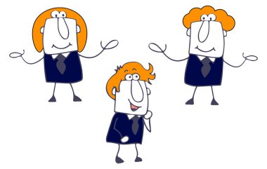 Çizgi film çizimleri, takım elbiseli, kravatlı neşeli adamlar. Reklam etiketleri. Çizimler.