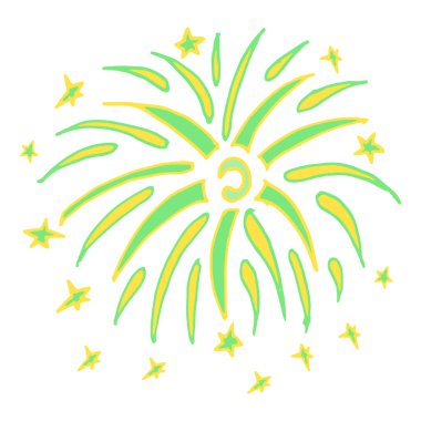 Beyaz arka planda elle çizilmiş çok renkli havai fişek tasviri. Şenlik tasarımı. Tekstil, kağıt, baskı.