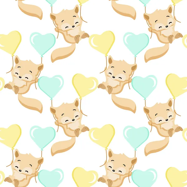 Seamless pattern, cute funny foxes fly on balloons in the shape of hearts. Festive design. Textiles, paper, print. Decor for a children's bedroom.