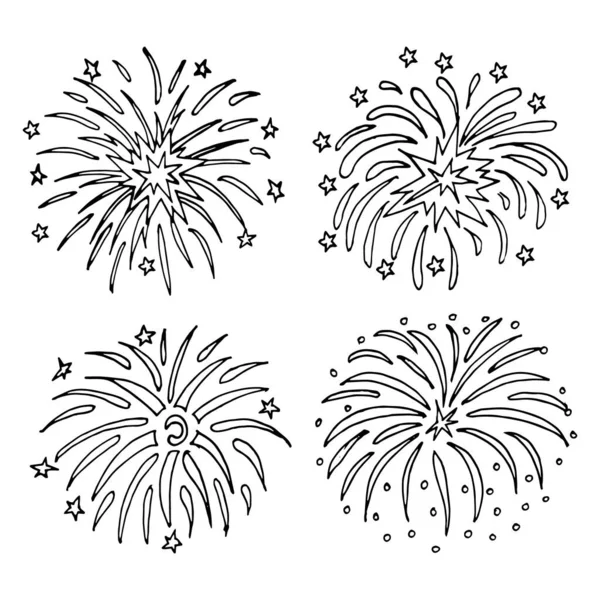 Illustrazione Serie Fuochi Artificio Contorno Disegnati Mano Isolati Sfondo Bianco — Vettoriale Stock