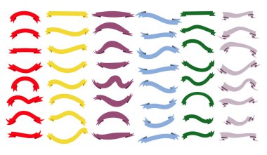Çok renkli büyük bir kurdele seti, 48 parça. Herhangi bir şenlik tasarımı için dekorasyon. Çıkartmalar, modern kurdele koleksiyonu.