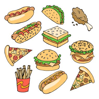 İllüstrasyon, el yapımı fast food, sosisli sandviç, pizza, patates kızartması ve sandviç. Gıda endüstrisi için tasarım. Tekstil, kağıt..
