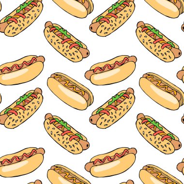 Kusursuz bir şablon, el yapımı fast food, beyaz arka planda çeşitli sosisliler. Gıda endüstrisi için tasarım. Tekstil, kağıt..