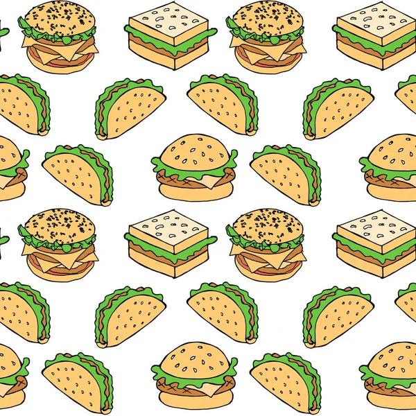 Patrón Sin Costuras Comida Rápida Dibujada Mano Hamburguesas Hamburguesas Con — Vector de stock