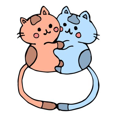 İllüzyon, karalama, el yapımı sevimli kedi yavruları birbirine sarılıyor. Doğum günü ve Sevgililer Günü kartları için tasarım