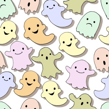 Kusursuz desen beyaz arka planda pastel renkli şirin hayaletler çizdi. Çocuk tekstil ürünleri için karalama, çıkartma, dekor, kağıt.