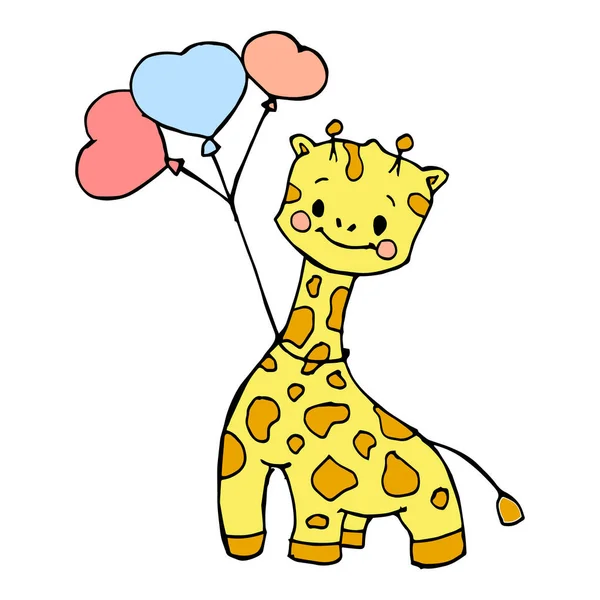 Ilustrace Ručně Kreslená Roztomilá Žirafa Balónky Design Pro Narozeninové Přání — Stockový vektor