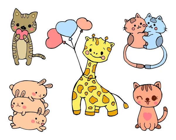 一组画的可爱可爱的动物 长颈鹿 有心脏和气球的兔子 生日贺卡和情人节的设计 — 图库矢量图片