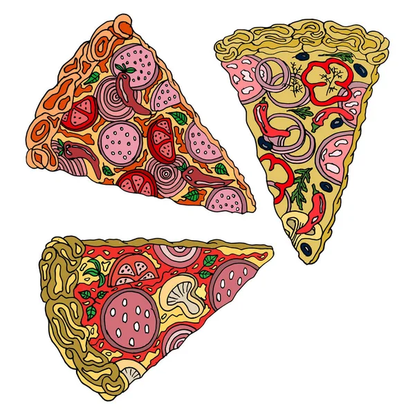 Набор Ручной Работы Разнообразные Ломтики Пиццы Грибами Ветчиной Травами Овощами — стоковый вектор