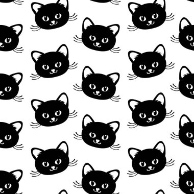 Kusursuz desenler, beyaz arka planda sevimli siyah kedi yavrularının ağızlıkları. Kartlar, posterler, baskılar, tekstil için grafiksel tasarım. Çıkartma, karalama.